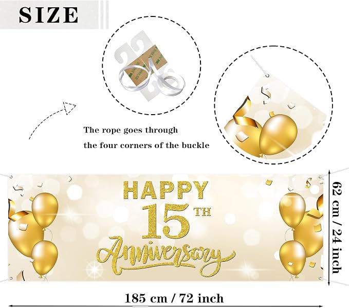 WeBenison Large Happy 15th Anniversary Banner 15 Wedding Commemoration Garden - Image 2