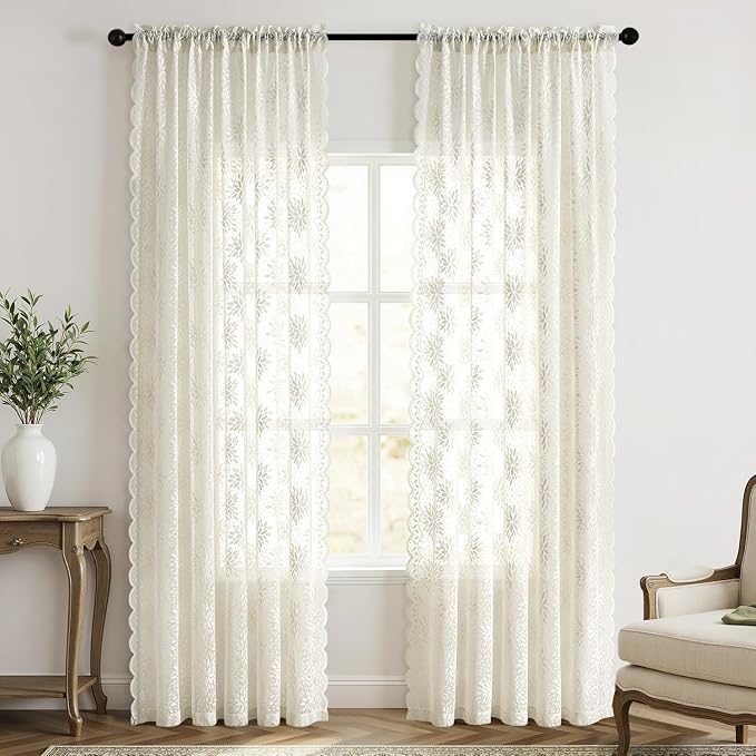 MIULEE Vintage Floral Scalloped Lace Curtains 2 Panels, Ivory 52" W x 90" L | - Image 7