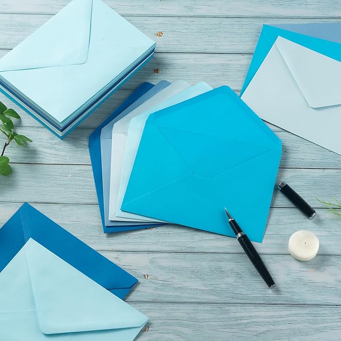 50 Pack Colored A6 Invitation Envelopes 4x6 with Gold Stickers for Cards and Invitations, 5 Colors (Blue, 6 1/2 x 4 3/4 inches)