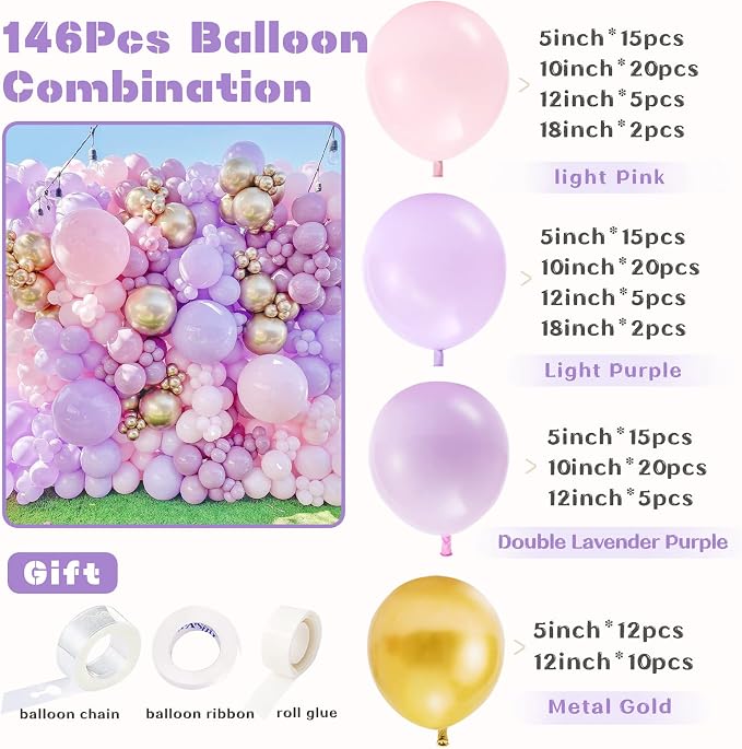 Pastel Pink Purple Balloon Garland Kit, Double Stuffed Lavender Balloons - Image 3