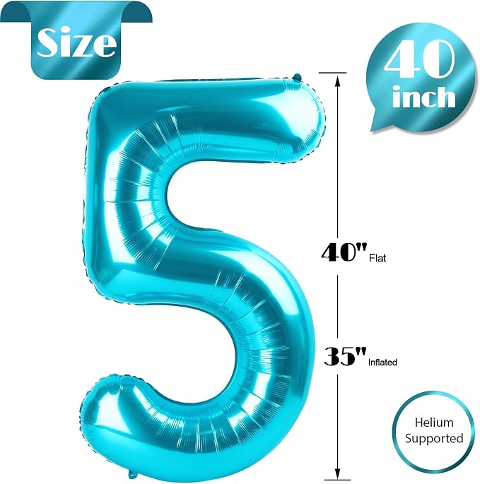 Light Blue Number 5 Balloon 40 Inch, 5th Birthday Decorations Men Women | Foil - Image 5