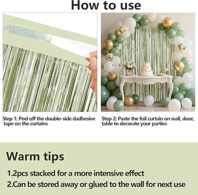4 Packs Sage Green Foil Fringe Curtain, Light Green Glitter Metallic Tinsel - Image 8