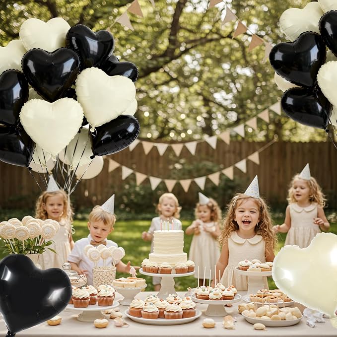 TONIFUL 30 Pcs 18 Inch Black Cream White Heart Shape Foil Mylar Balloons | - Image 3