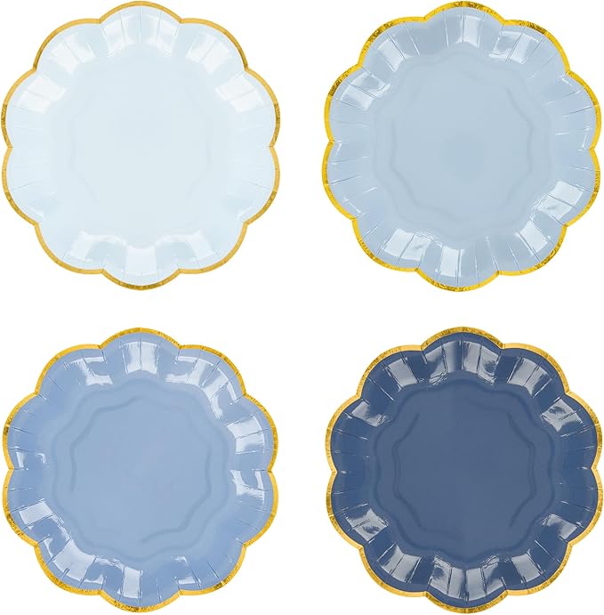Dusty Blue Party Plates Gradient Blue Dessert Paper Plate 7inch Gold Foil Scalloped Edge Disposable Cake Plates for Father’s Day Birthday Bridal Baby Shower Wedding Party Supplies