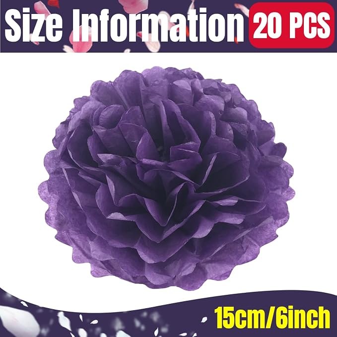 Qimoo 20pcs Dark Purple Paper Pom Poms Decorations, DIY Tissue Paper Flowers - Image 2