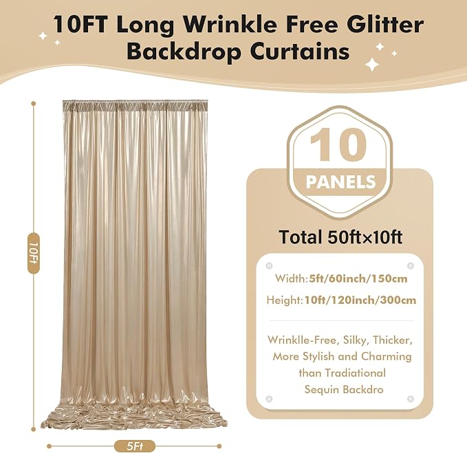 50x10ft Shimmer Champagne Gold Sequin Backdrop Curtain - Image 7