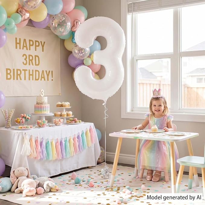 White Number 3 Balloon 40 Inch, Large Foil Mylar Three Balloon - Image 6