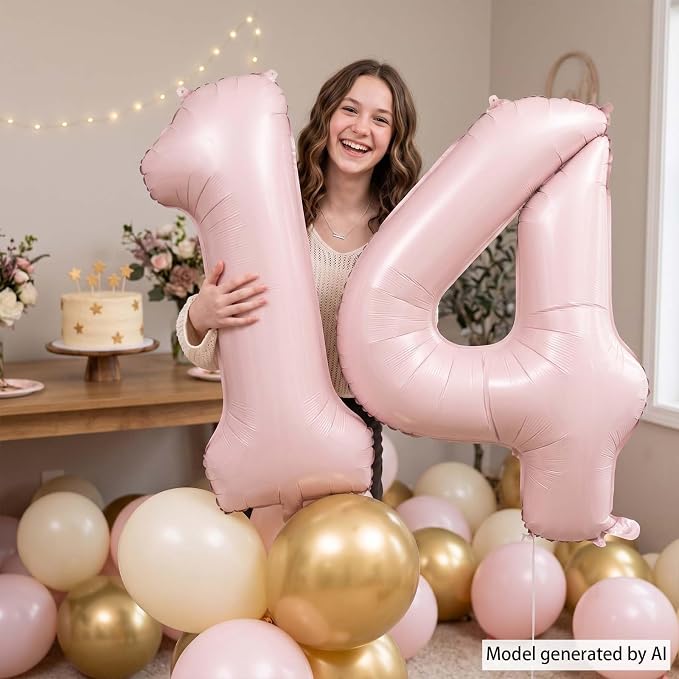 Baby Pink Number 14 Balloon 40 Inch, Pastel Blush Foil Digits Party Supplies | - Image 2