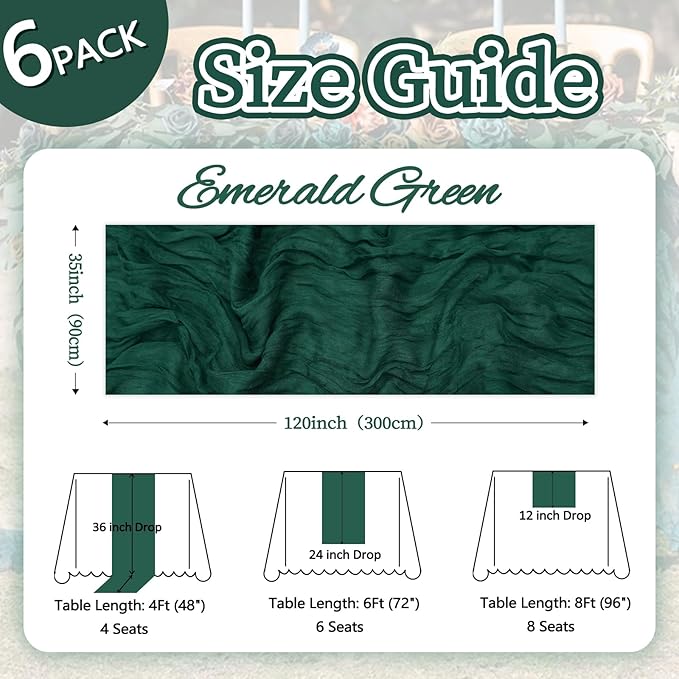 6 Pack Emerald Green Cheesecloth Christmas Table Runner 10ft Boho Gauze Fabric Cheese Cloth Table Runner 35 x 120 Inch Rustic Sheer for Romantic Wedding Decor Baby Shower Party Centerpiece Decoration