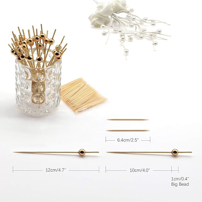 Minisland Gold Pearl Bamboo Cocktail Picks, Decorative Appetizer Toothpicks | - Image 2
