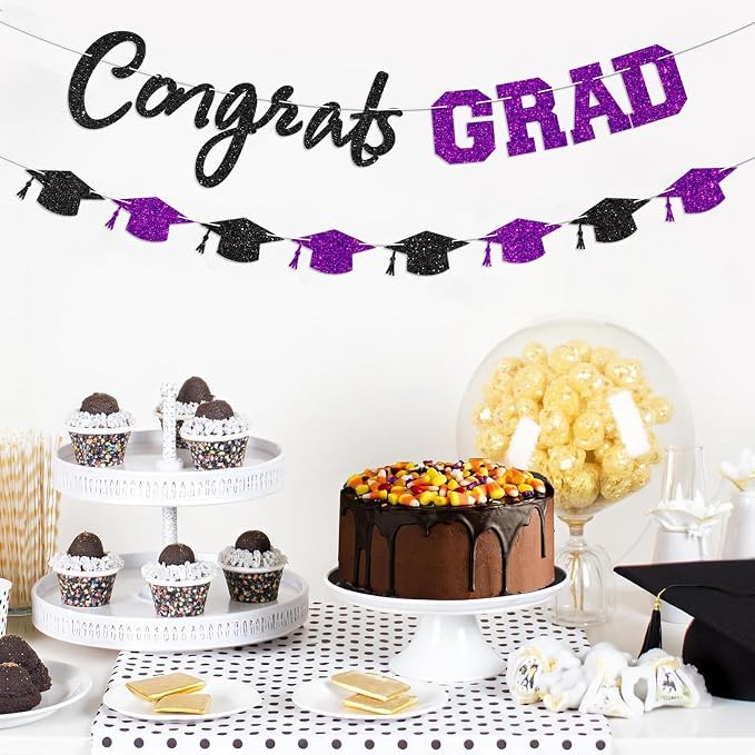 Prestrung Congrats Grad Banner Purple and Black Graduation Banner - Image 6