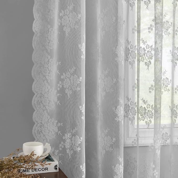 Kotile Grey Lace Curtains for Bedroom Rustic Floral 52 x 63 Inch, 2 Panels | - Image 4
