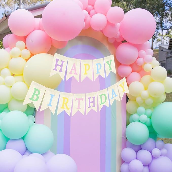 Pastel Rainbow Happy Birthday Banner Neutral Pre-strung Burlap Bunting Party - Image 5
