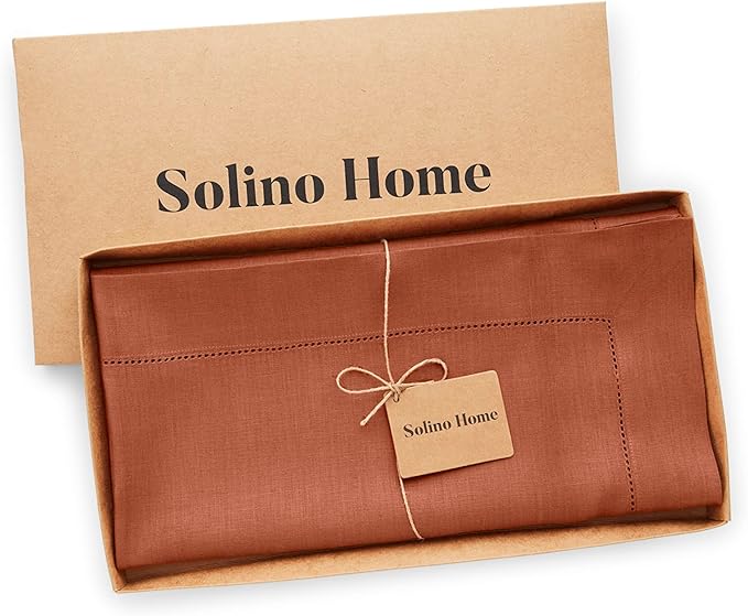 Solino Home Linen Cinnamon Tablecloth 52 x 52 Inch - 100% Pure Linen Square Table Throw - Classic Hemstitch, Machine Washable Table Cloth for Fall, Autumn, Halloween, Thanksgiving