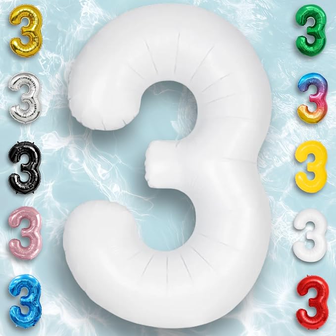 White Number Balloon 3 Mylar Foil Balloons 32 inch - Image 3