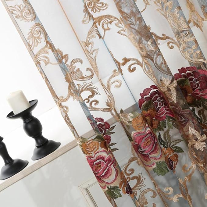 pureaqu Floral Embroidered Sheer Widnow Curtain Rod Pocket 1PC W39 x L84 | - Image 4