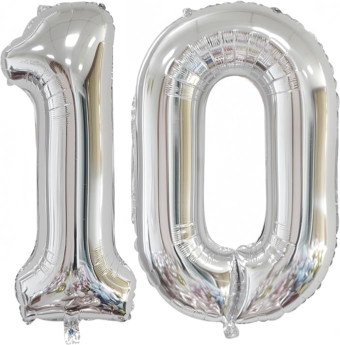 Silver 10 Balloon, 40 Inch Silver Number 10 Balloon Big Foil Mylar Helium by BBPOOL