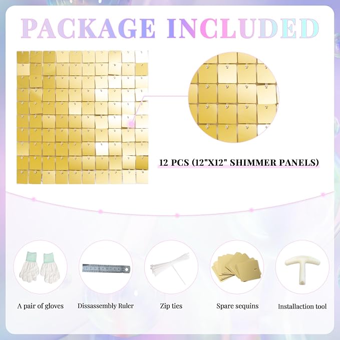 Shimmer Wall Backdrop Light Gold Wall Panels 12Pcs Square Sequin Shimmer Wall - Image 4