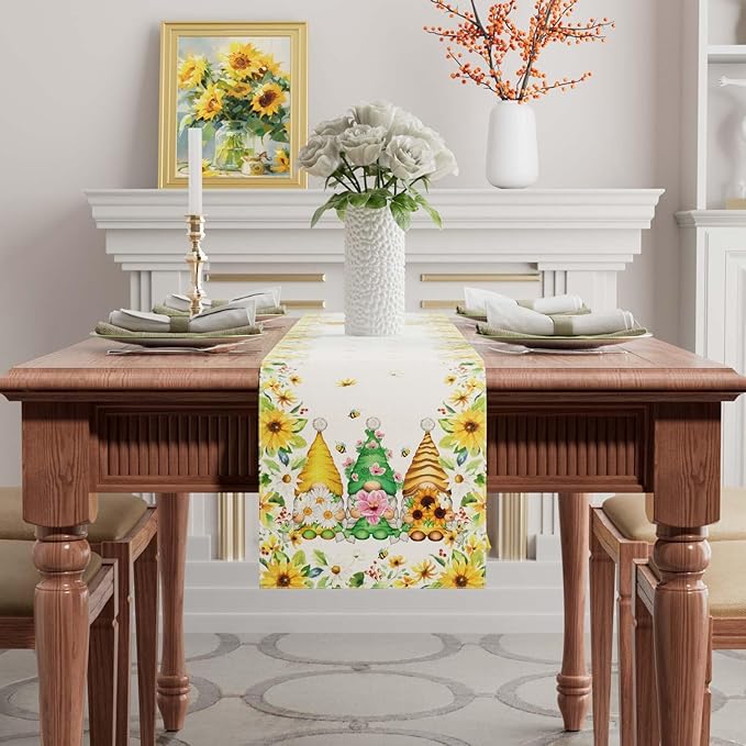XCHI Yellow White Daisies Flowers Gnomes Spring Table Runner Burlap Table Decoration for Summer Seasonal Home Kitchen Dining Dinner Indoor Holiday Farmhouse Decor 13x60 Inch