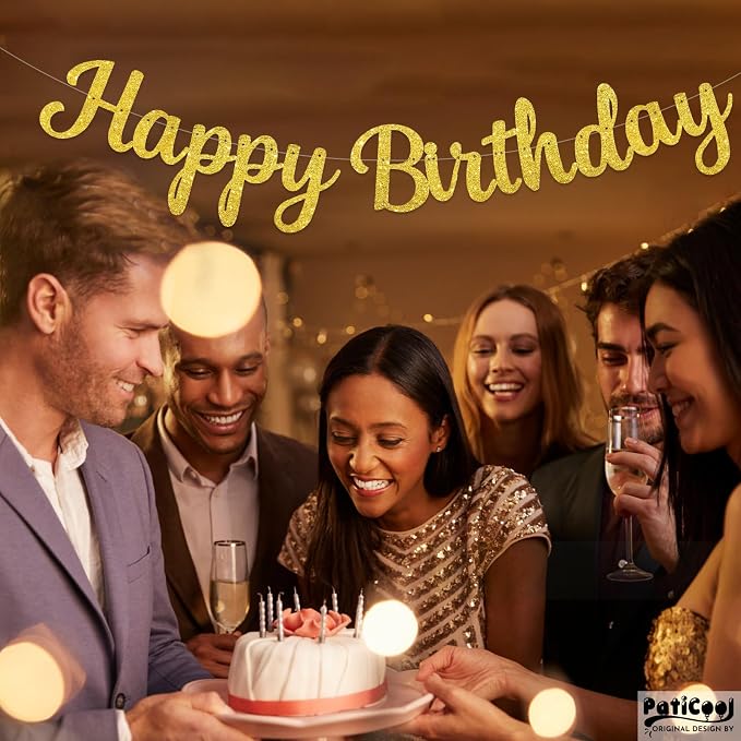 Gold Happy Birthday Banner, Pre-Strung Glitter Gold Birthday Sign, 10 Feet - Image 4