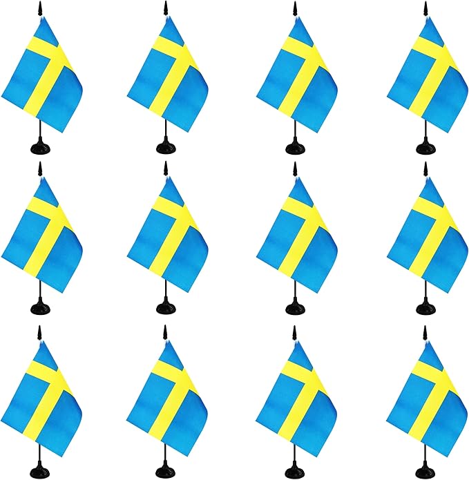 Sweden Desk Flag, 12 Pack Swedish Table Office Flag with Black Solid Pole and Stand Base, International Country Flag, Festival Celebration, Classroom Meeting Desktop Decor (Sweden)