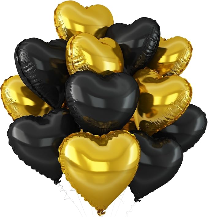 Black Gold Heart Balloons, 18Inch Gold Helium Balloon by Adorely