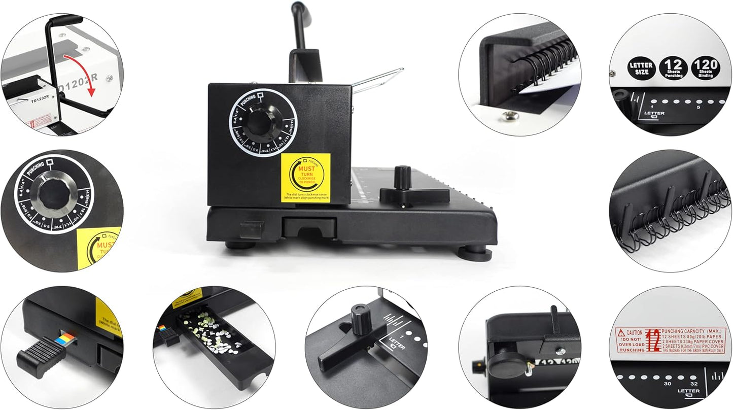 Rayson TD1202R Wire Binding Machine, 3:1 Pitch Round Hole Coil Binder Hole Punch, Compatible with Wire, Spiral, and Click Binding Spines, 32-Hole Punch, Punches 12 Sheets, Binds 120 Sheets