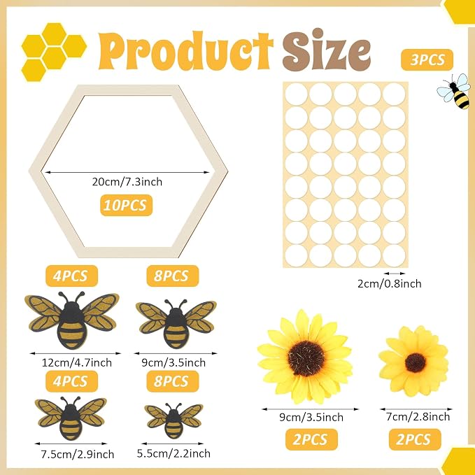 Yousoontic 26 Pcs Honeycomb Decorations Include 7.9'' Wooden Hexagon 3D Bee - Image 2