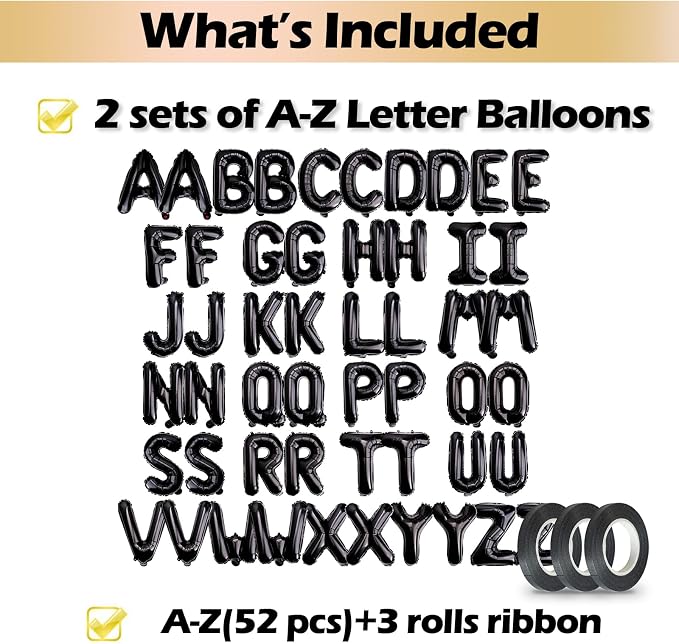 16 Inch 52Pcs Black Letter Balloons Shiny A-Z Foil Balloon Letters | Reusable - Image 3
