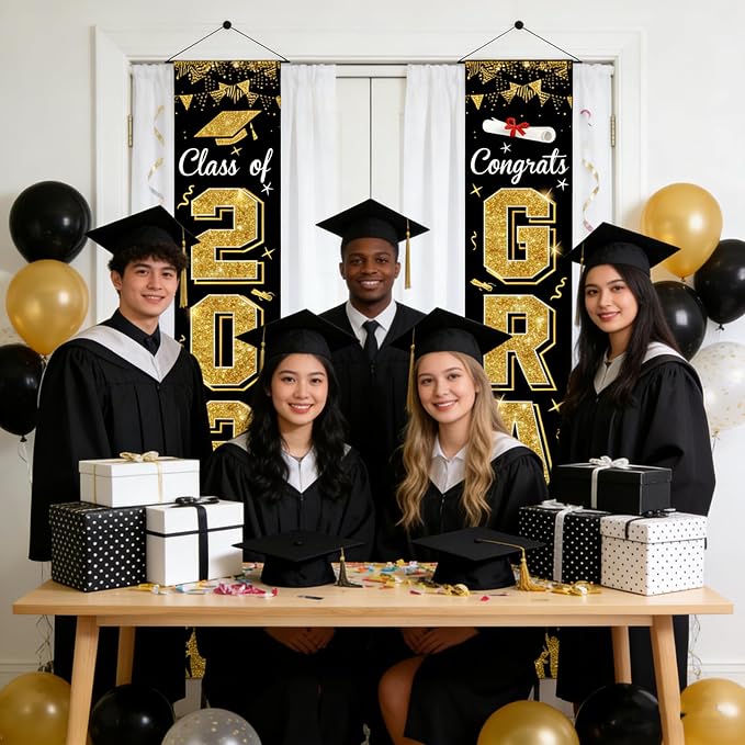 Class of 2026 GRAD Banner Porch black and gold graduation decorations，Welcome - Image 6