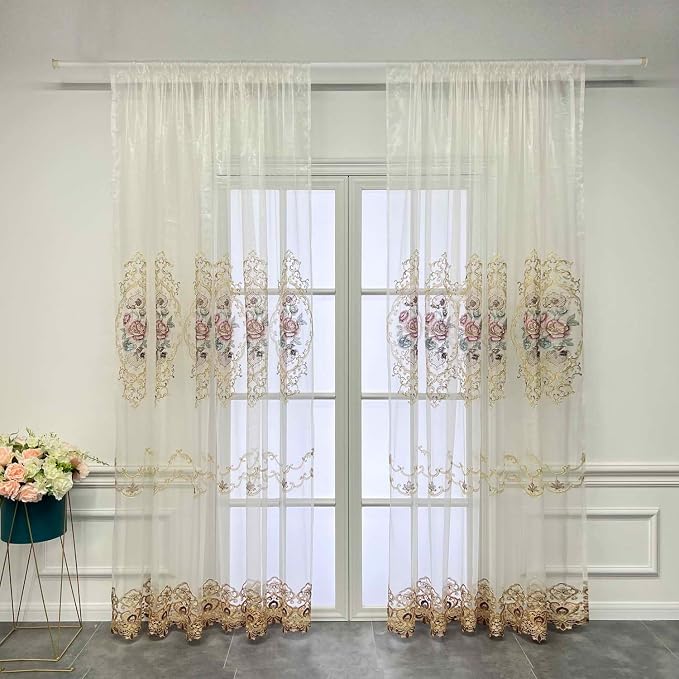 1 Panel Embroidered Floral Voile Sheer Window Curtain Rod Pocket Top | - Image 2