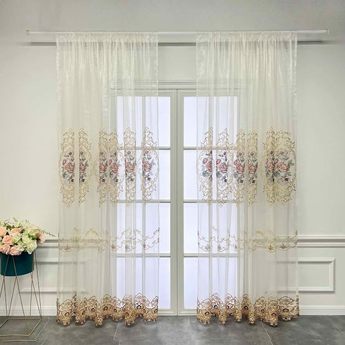 1 Panel Embroidered Floral Voile Sheer Window Curtain Rod Pocket Top | - Image 2