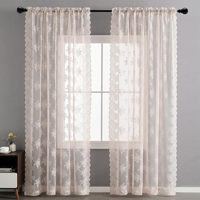 Kotile Short Blush Pink Lace Curtains Rustic Floral W42 x L54 Inch 2 Panels | - Image 8