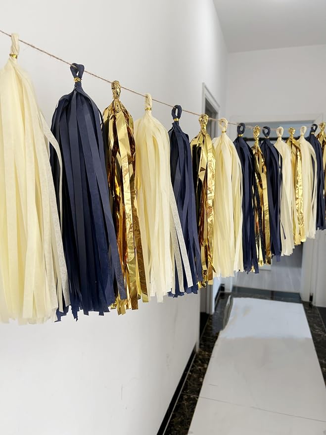15 PCS Navy Blue Gold Mylar Tassels Garland Tissue Paper Tassels Banner DIY Kit - Image 5