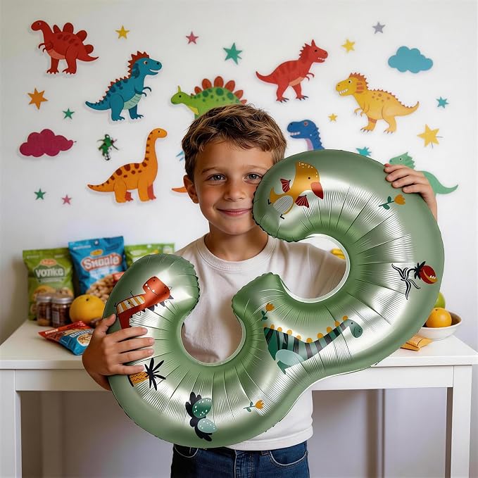 40 Inch Dinosaur Number 3 Balloon | Olive Green Number - Image 6