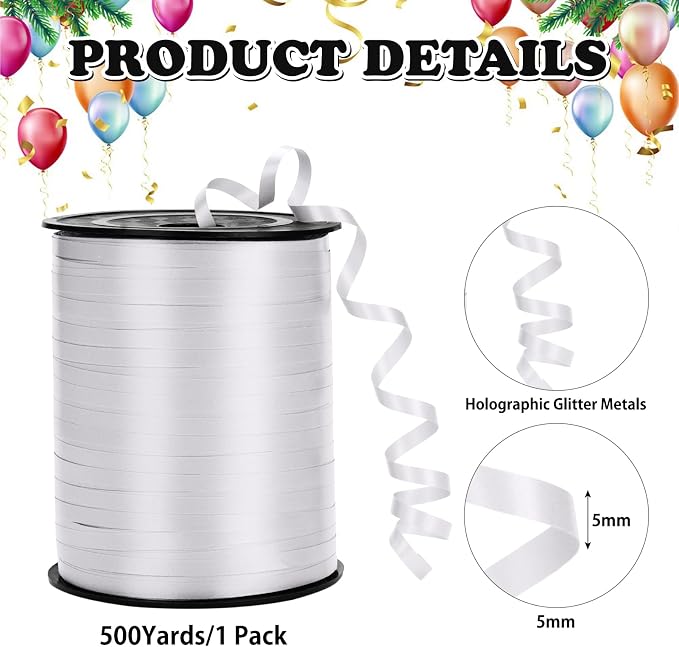 500 Yard White Curling Ribbon for Gift Wrapping, Balloon String, 3/16" Thin - Image 2