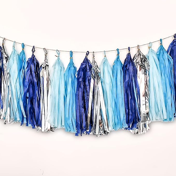 Blue and Silver Tassel Garland, Paper Tassel Banner, Table Decor, DIY Kits - by CC+wonderland+zone
