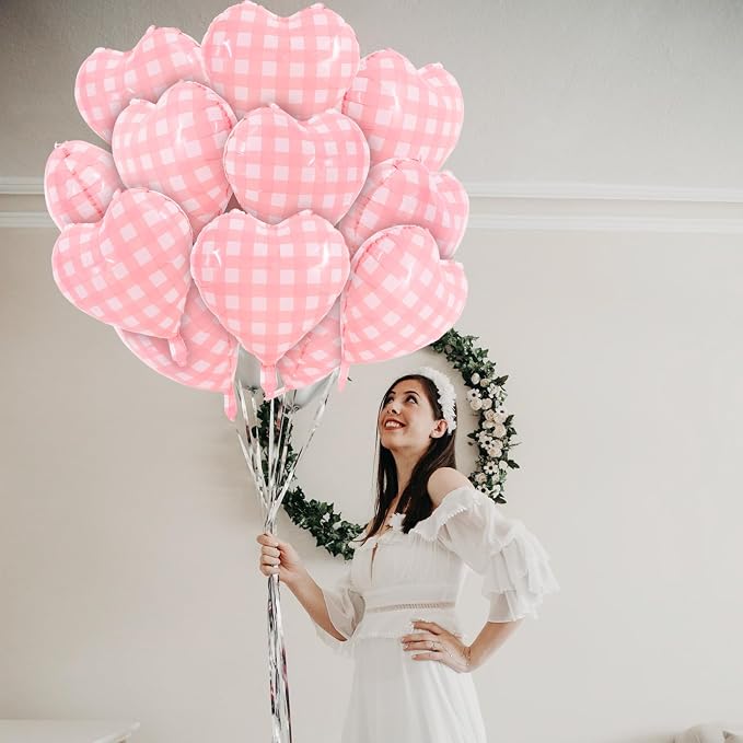 TONIFUL 30 Pcs Pink Gingham Heart Balloons 18 Inch Heart Shape Foil Balloon | - Image 5