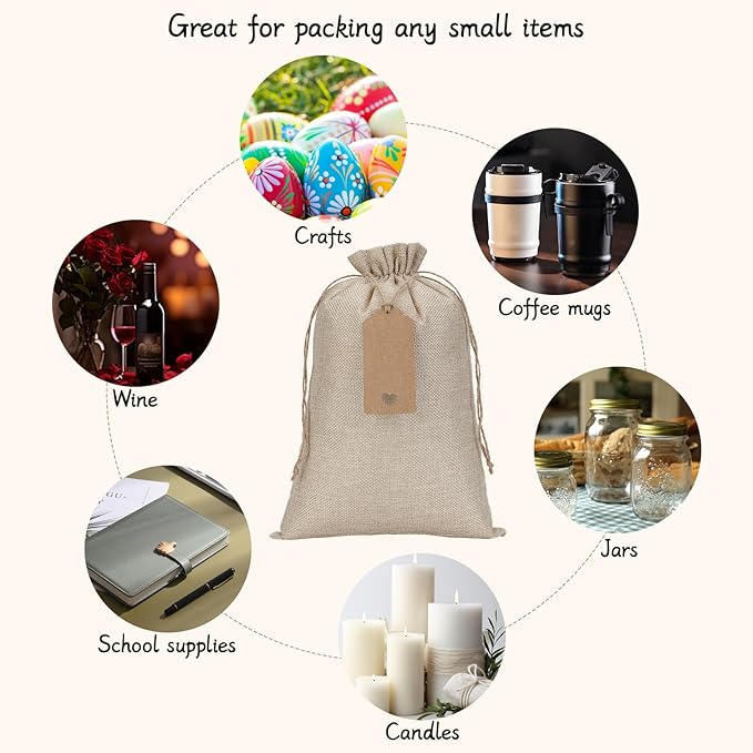 Burlap Bags with Drawstring - 20Pcs 8x12 Gift Sacks for Wrapping Halloween Favors, Breads, Seeds, Mason Jars, For Birthday, Wedding, Rodeo Themed Party or Household Use