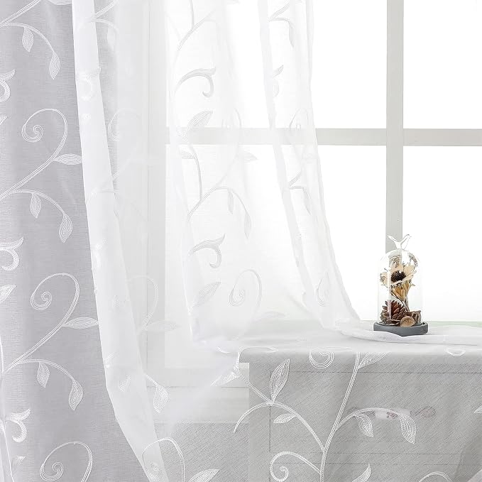 White Sheer Curtains Embroidered Leaves 2 Panels 54Wx72L | Light Filtering by VISIONTEX