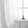VISIONTEX White Leaves Sheer Voile Curtains, Decorative Embroidery Rod Pocket Window Drapes for Home Living Room and Bedroom 54 x 95 Inch, Set of 2 Curtain Panels