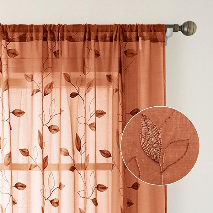 HOMEIDEAS Fall Burnt Orange Sheer Curtains 84 Inches Long 2 Panels Embroidered - Image 7