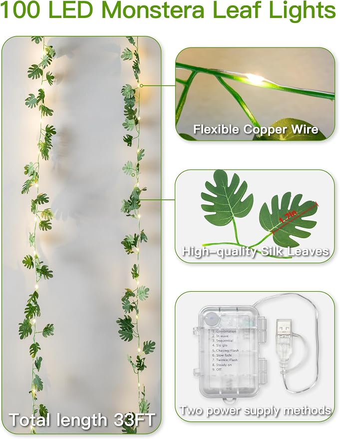 33FT Monstera Vines with Lights Battery & USB Powered Copper Wire | 100Led - Image 5