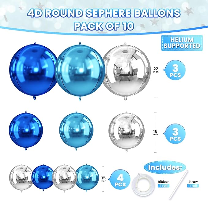 Blue and Silver Round Foil Balloons, Metallic Light Blue Silver Foil Baloon - Image 2