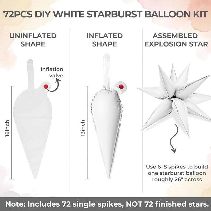 LovesTown 72PCS White Starburst Balloons, Foil Balloons Magic Star Spike Designs - Image 3
