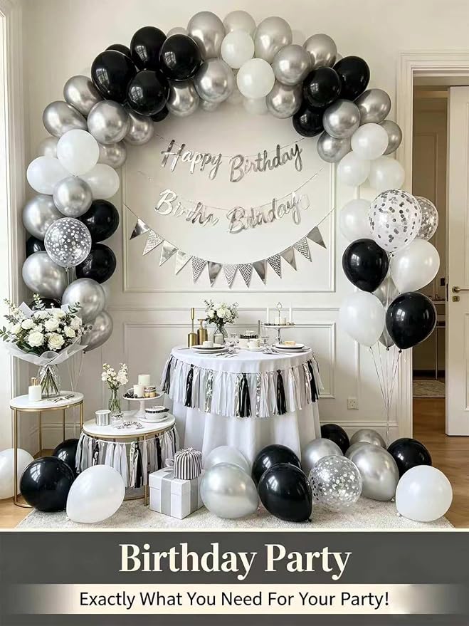 Black and Silver Balloons 12 Inch 60 Pcs Metallic Silver Pearl Silver Black - Image 2