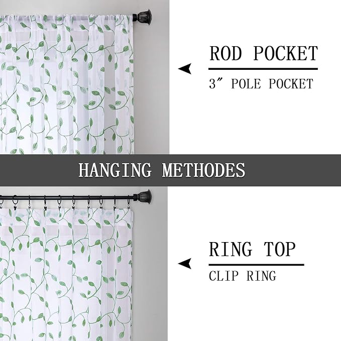 Tollpiz Leaves Sheer Curtain Green Leaf Embroidery Living Room Curtains Rod - Image 5