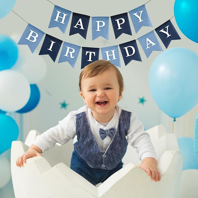 Pre-Strung Blue Happy Birthday Banner, No DIY Burlap Banner, Colorful Party - Image 3