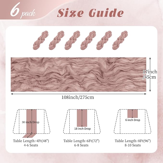 6 Pack Dusty Pink Cheesecloth Table Runner 17x108 Inch Semi Sheer Boho Gauze - Image 2