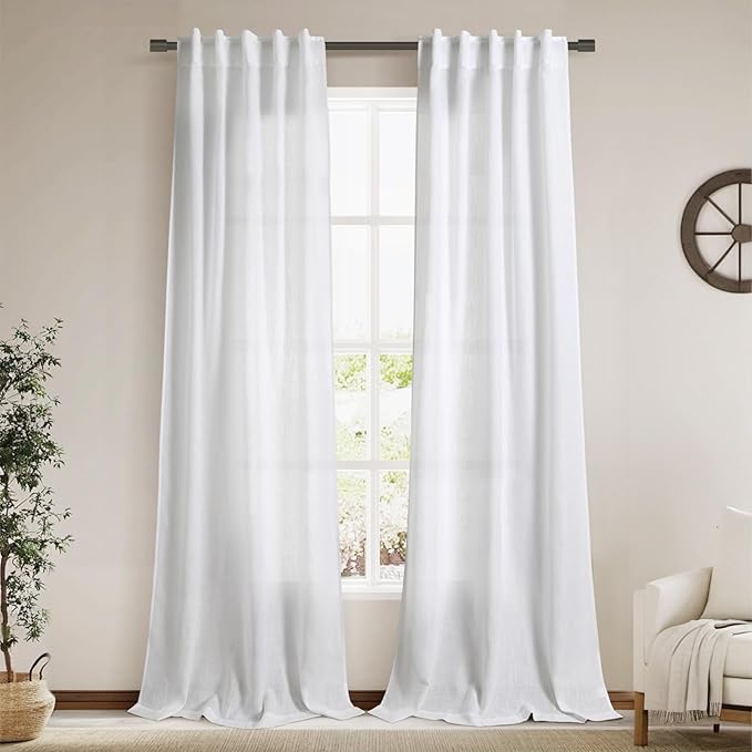 Linen White Curtains 108 Inches Long 2 Panels Set Back Tab Rod Pocket Semi by Nanspring